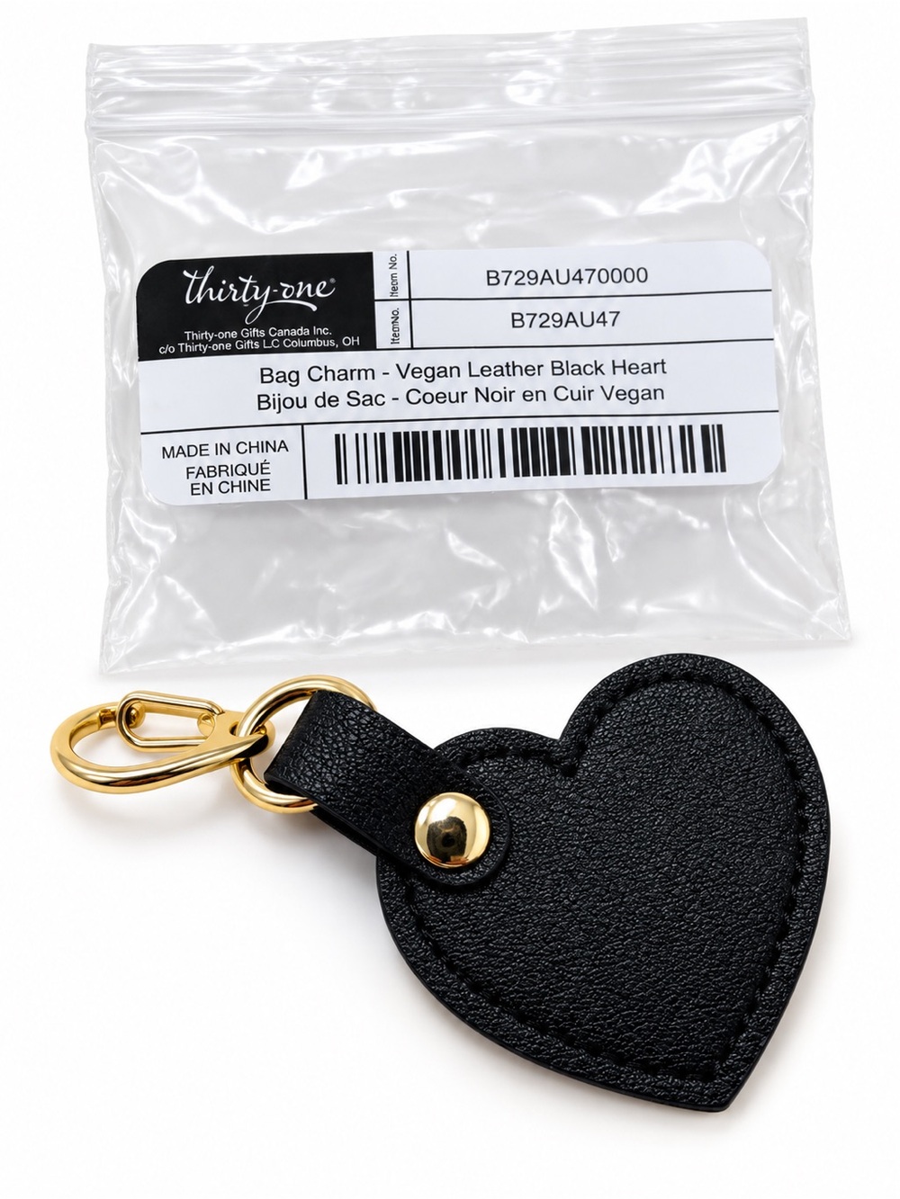 Thirty-one Black Vegan Leather Heart Keychain with Gold Hardware Bag Charm NWT